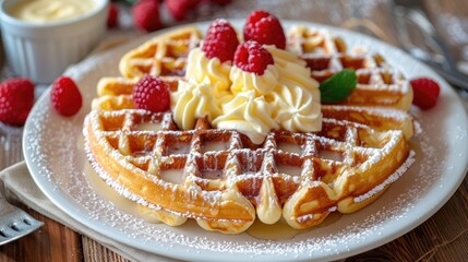 Canvas Print - Custard Waffle on White Plate with Wooden Table Background