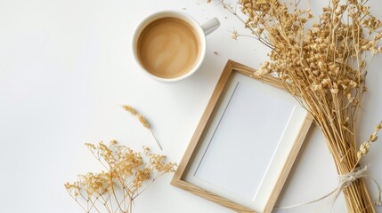 Wall Mural - Mockup of photo frame with dried flowers and coffee on white background Flat lay template with space for text top view