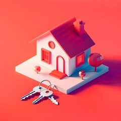 isolated 3d rendering of isometric house with keys - real estate investment concept