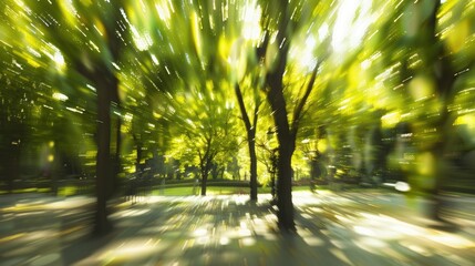 Abstract blurred image of trees and green leaves in a sunny park