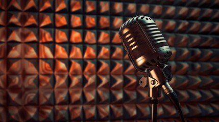 A retro microphone and pop filter are positioned on an acoustic foam panel background.