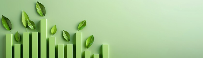 Poster - A detailed financial report with prominent green bar graphs is adorned with vibrant green leaves, symbolizing the synergy between economic growth and environmental sustainability. The minimalist