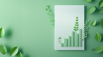 Poster - A financial report lies open on a clean desk, featuring green bar graphs symbolizing growth and sustainability. Fresh green leaves are artfully placed around the report, representing the concept of a