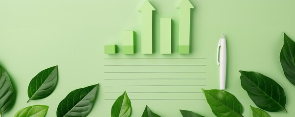 Poster - An open financial report showcases green bar graphs indicating positive economic growth, surrounded by lush green leaves. This image emphasizes the integration of environmental sustainability in
