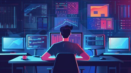 Poster - Man Working on a Data-filled Desktop