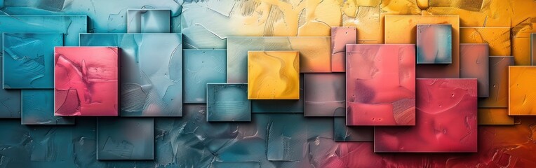 Wall Mural - Pastel Geometric Texture: Bright 3D Gloss Wall with Squares and Rectangles - Abstract Banner Panorama Illustration