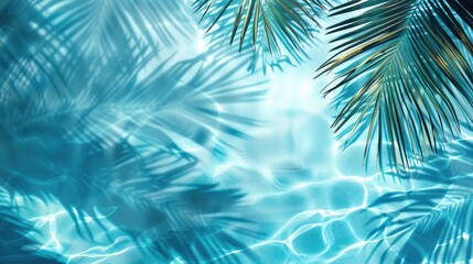 Wall Mural - Blue water texture with palm leaf shadows and sunlight Spa concept background