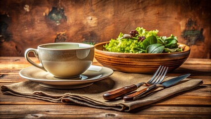 Poster - A rustic wooden table setting featuring a delicate porcelain cup, a vibrant green salad, and elegant cutlery, set against a warm, earth-toned background.,hd, 8k.