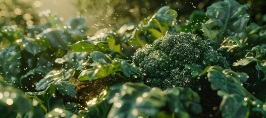 Wall Mural - Growing broccoli florets in a natural setting on a fuzzy garden background