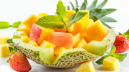 Wall Mural - Fresh and Colorful Mango, Melon, and Pineapple Fruit Salad on a White Plate