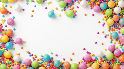 Poster - Colorful sugar balls border on white background for Easter greeting card design