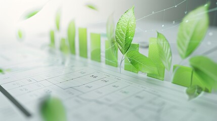 Wall Mural - A spread of financial documents showing promising growth trends is enhanced by green leaves, emphasizing the commitment to sustainable finance and eco-friendly investment strategies. The layout is