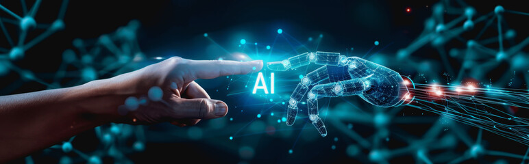 Poster - human hand and robotic hand reaching, with a glowing AI icon by futuristic digital hologram.