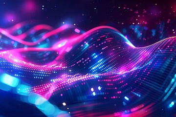 Abstract digital landscape with neon lights and glowing particles, representing technology and data visualization in a futuristic style.