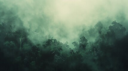 misty forest landscape with dense green foliage and ethereal fog, creating a serene and mysterious a