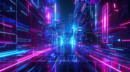 Wall Mural - Journey through cyberpunk cityscape with neon lights