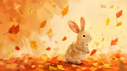 Wall Mural - Little funny rabbit sitting in leaves in autumn. 