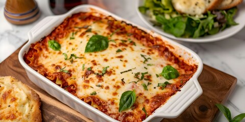 Wall Mural - Colorful Lasagna, Salad, and Garlic Bread from a Bird's Eye View. Concept Food Styling, Composition, Culinary Creations, Top-Down Photography, Vibrant Dishes