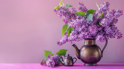 Poster - Bouquet of lilac bronze vase teapot on pink background