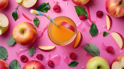 Canvas Print - Fresh apple juice and fruits on pink background Harvest theme