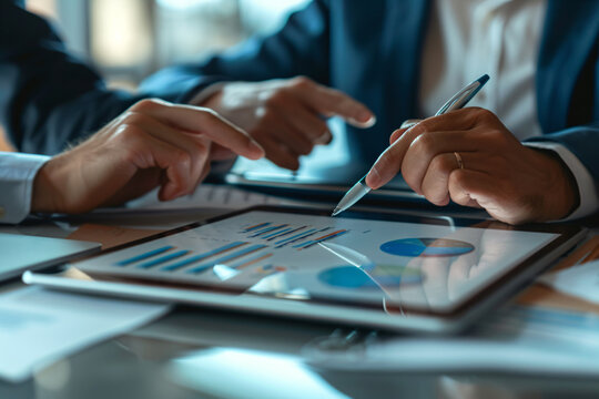 two people sitting at a table with a tablet and a pen