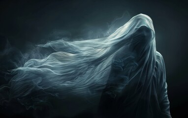 A female ghost, shrouded in a flowing white cloth, rises from a dark and mysterious background