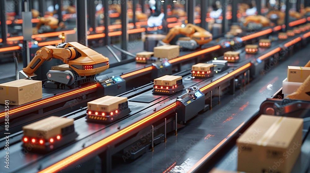 A high-angle view of a sophisticated warehouse automation system with ...