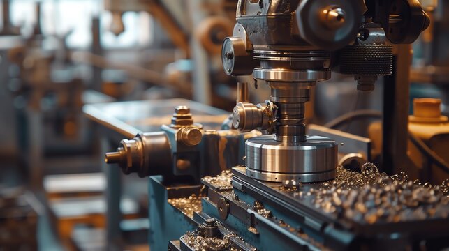 A close-up view of a metal lathe machine in operation.