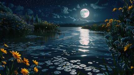 Wall Mural - A moonlit summer pond, with the moon's reflection creating a path of light across the water, surrounded by night-blooming flowers and soft cricket chirps.