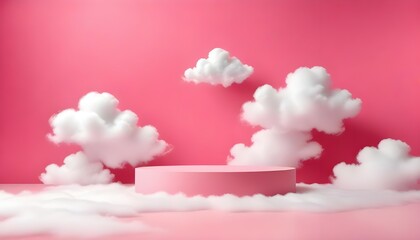 Surreal podium outdoor on colorful background. blue sky pink gold pastel soft clouds with space.Beauty cosmetic product placement pedestal present stand minimal display,summer paradise dreamy concept.