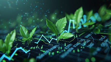 Wall Mural - A financial chart with upward-trending lines is overlaid with vibrant green leaves, symbolizing sustainable investment and the green economy. The image emphasizes eco-friendly finance practices with