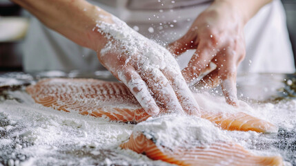 Wall Mural - Culinary Preparation - Woman Coating Fish Fillet with Flour in the Kitchen Stock Photo