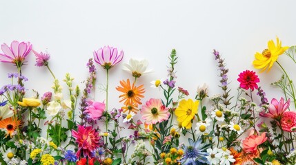 Wall Mural - Colorful spring flower inflorescences on white paper background with space for text