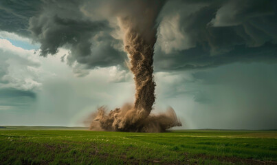 A tornado with dark gray clouds and swirling brown dust is seen in the distance on green grass near to an open field