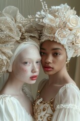 Poster - Two women dressed in white with elaborate headdresses and flowers. AI.