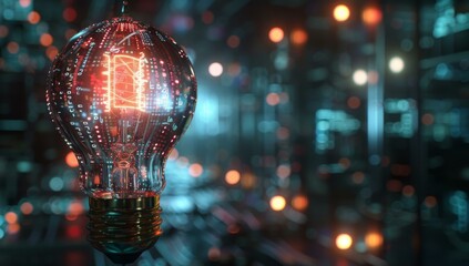 Poster - A light bulb with a glowing neon sign in the middle of it. AI.