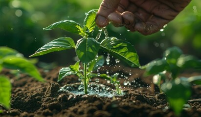 Canvas Print - A person sprinkling water on a plant in the dirt. AI.