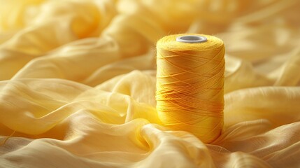 Wall Mural - Stylish scene of yellow thread spool and thimble on shiny chiffon, ample space for text.