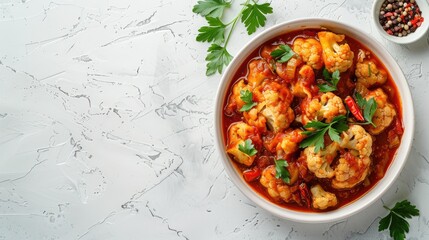 Wall Mural - Cauliflower in tomato sauce on white background with space for text garnish idea