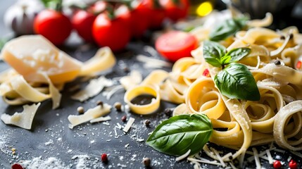 Closeup View of Freshly Cooked Italian Pasta Dish with Tomatoes,Basil,and Parmesan Cheese
