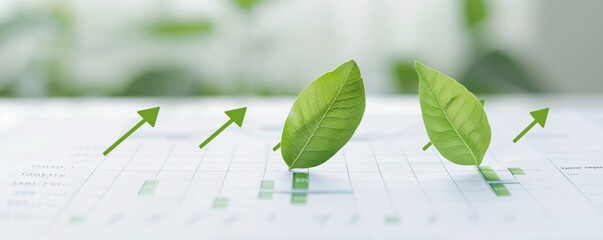 Poster - Green leaves rest on top of a financial report showcasing upward-trending green graphs, representing the concept of environmentally conscious investment and economic growth driven by sustainability.