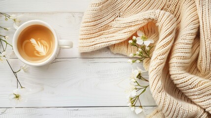 Poster - Cozy Nordic home ambiance with coffee blanket and flower on white wooden surface