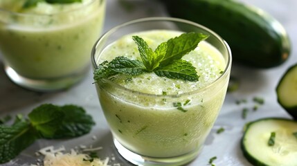Wall Mural - Blended cucumber and mint smoothie garnished with mint leaves