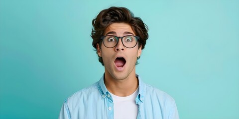 Wall Mural - Young man in casual clothes and glasses with surprised expression on face. Concept Surprised Expression, Casual Style, Eyeglasses, Youthful, Portraits
