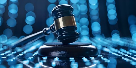 Digital judges gavel represents cybersecurity law enforcement in virtual hightech setting. Concept Cybersecurity Law Enforcement, Virtual Setting, Technology, Judges Gavel, Digital Innovation