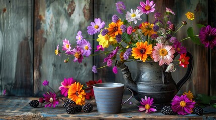 Wall Mural - Arrangement of vibrant flowers in aged coffee pot and cup with blackberries on rustic backdrop vertical image