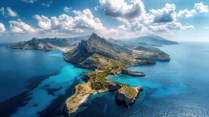Breathtaking view from above of beautiful island with a backdrop of vast blue ocean and mountains with clear skies with white clouds