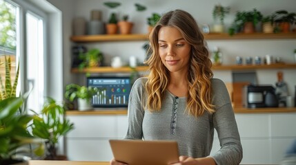 Wall Mural - Young woman using a tablet in a modern kitchen with plants in the background.