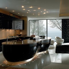 Wall Mural - Modern kitchen with lake view and curved island