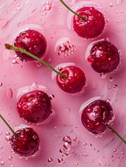 Wall Mural - Cherry berries. Fresh juicy sweet cherries float in clear water. Pink bright background. A refreshing drink. Poster, advertising, drink, cosmetics.